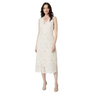Vince White Gesso Eyelet Lace Embroidered V-Neck Sheath Midi Dress, sz 6 NWT
